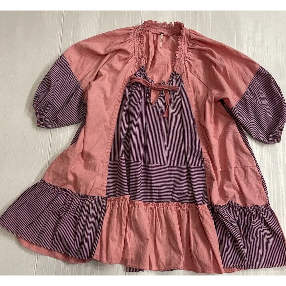 Free People Keegan Oversize Tunic Dress Mix Stripe Pink Blue Swing Ruffle Size S - Picture 2 of 10